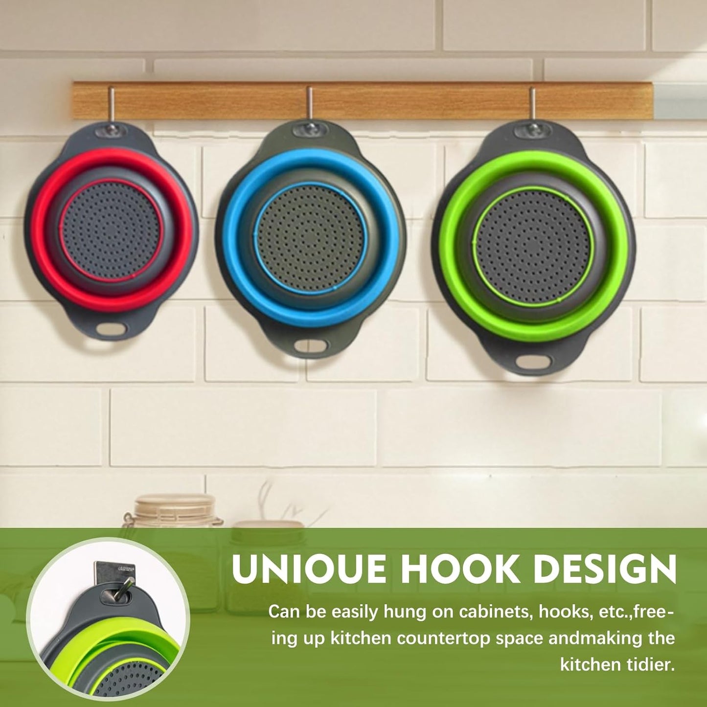 Silicone Colander Collapsible Strainers Set for Kitchen- 2 Pack (5Qt) -Over Home Draining Basket, Food Vegetables & Fruits-Dishwasher Safe, Space Saving Design (Greeen)