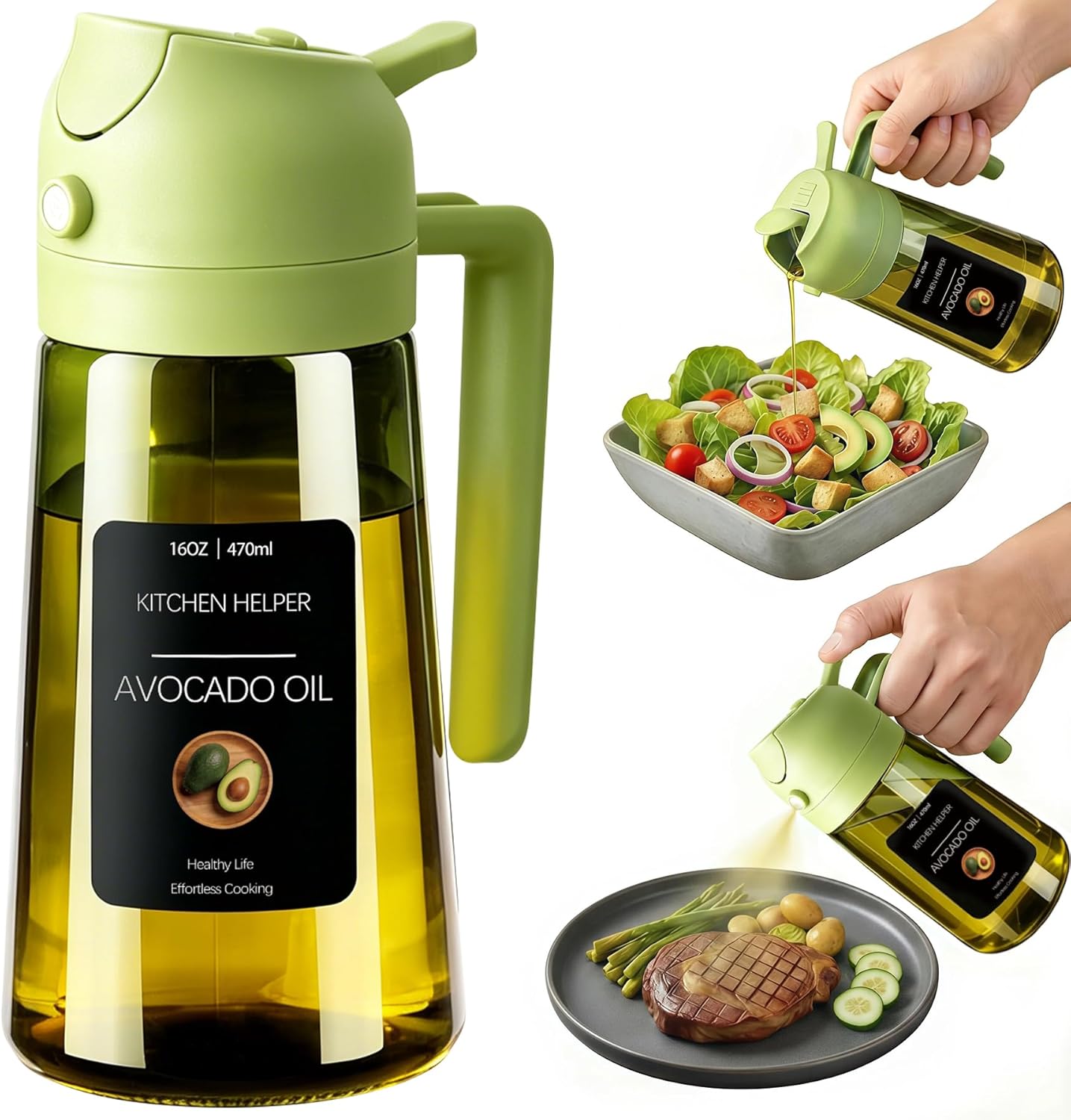 Poshetion 2 in 1 Olive Oil Sprayer for Cooking, 16oz Light-Proof Oil Dispenser for Kitchen, Leak-Proof Oil Spray Bottle for Air Fryer, Salad, BBQ, Baking, Grilling - Black & Green