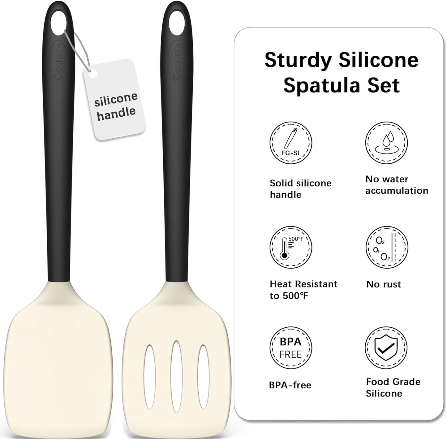 Coukre 2 Pack Silicone Spatula Set, High Heat Resistant, BPA Free Kitchen Spatula, Solid & Slotted Turner for Non-Stick Pans, Sautéing, and Flipping (2, PureBlack)