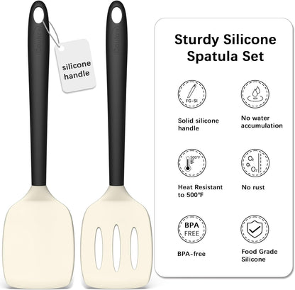 Coukre 2 Pack Silicone Spatula Set, High Heat Resistant, BPA Free Kitchen Spatula, Solid & Slotted Turner for Non-Stick Pans, Sautéing, and Flipping (2, PureBlack)