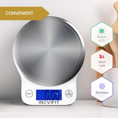 INEVIFIT Digital Kitchen Scale, Highly Accurate Multifunction Food Scale 13 lbs 6kgs Max, Clean Modern Black with Premium Stainless Steel Finish. Includes Batteries