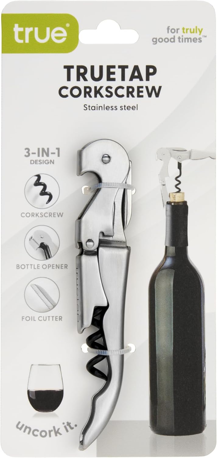 True Truetap Double Hinged Waiter's Corkscrew Wine Opener, Stainless Steel Wine Bottle Opener with Built In Foil Cutter, Home Bar Tools, Bar Cart Accessories, Wedding Gifts, Set of 1, Black