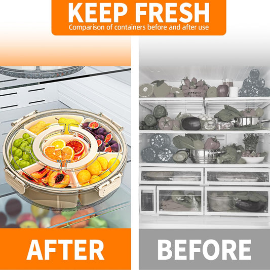 Divided Serving Tray with Lid and Handle, Stackable Snackle Box Container for Fruits Candy Organizer, Portable Spinning Rounded Veggie Tray for Kitchen, Party, Trave and Picnic-1 PACK