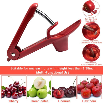 Cherry Pitter, Heavy-Duty Stainless Steel Olive and Cherry Pitters Corer Tool with Space-Saving Lock Design, Multi-Function Cherries Stoner Seed Remover Tool for Making Cherry Jam (Red)