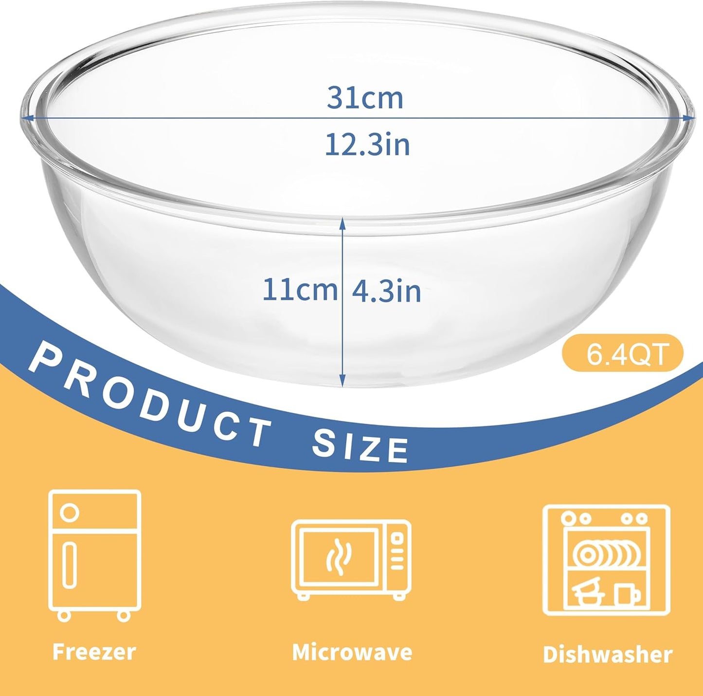 6.5Qt Extra Large Glass Mixing Bowl with Lid, Clear Large Salad Bowls with Airtight Bamboo Lid & Handle,Thickened Glass Big Mixing Bowls Cooking Bowl for Food Prep, Kitchen,Dinner, Borosilicate Glass