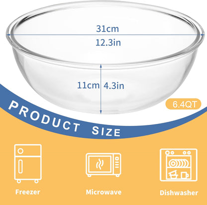 6.5Qt Extra Large Glass Mixing Bowl with Lid, Clear Large Salad Bowls with Airtight Bamboo Lid & Handle,Thickened Glass Big Mixing Bowls Cooking Bowl for Food Prep, Kitchen,Dinner, Borosilicate Glass