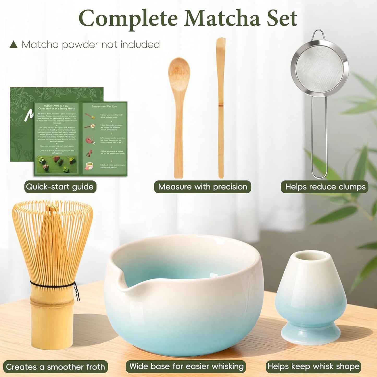 Matcha Whisk Set, Ceramic Matcha Set Includes Bowl & Holder, Bamboo Whisk (Chasen), Scoop, Spoon and Sifter, 6PCS Matcha Kit Covers Everything Needed for Making Matcha (Green)
