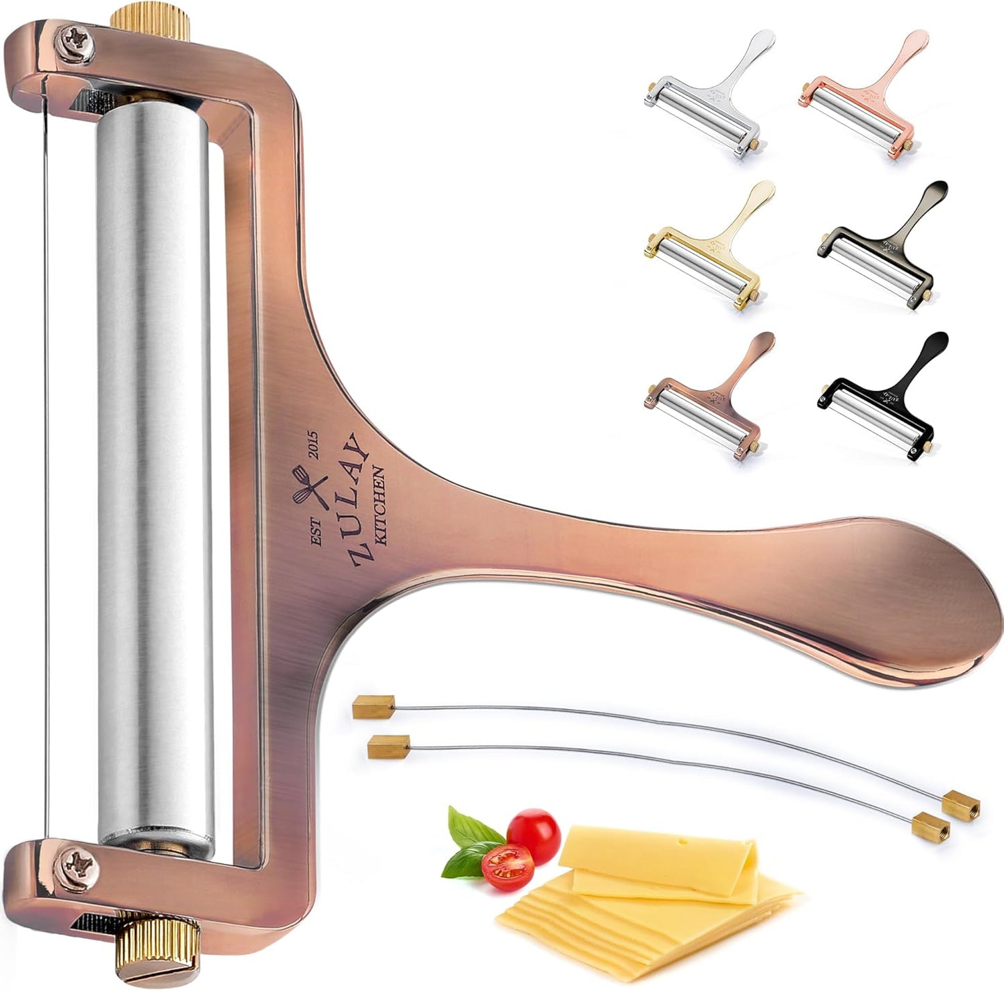 Zulay Kitchen Stainless Steel Wire Cheese Slicer - Adjustable Hand Held Cheese Cutter with 2 Extra Wires - Premium Cheese Shaver For Mozzarella, Cheddar, Gruyere - Cheese Cutter with Wire (Gunmetal)