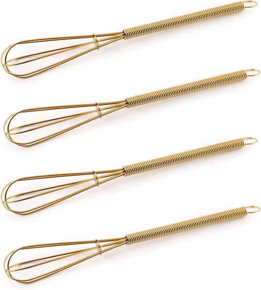 Mini Whisks 7 inch 4Pcs Stainless Whisk, Hand Egg Mixer for Flour Cake Egg, Kitchen Cooking Baking Use Whisk （Gold）