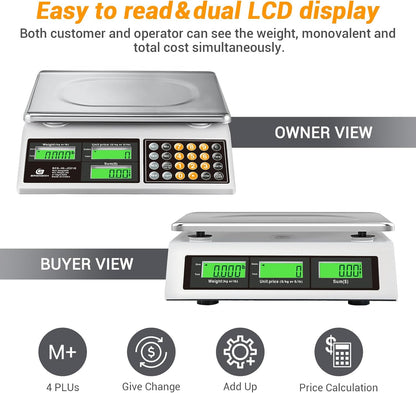 Commercial Food Scale 66lb/30kg, High Precision Digital Price Computing Scale for Farmers Marke, Deli, Dual Backlit LCD Display, Stainless Steel Platform, Rechargeable Battery for Produce Meat