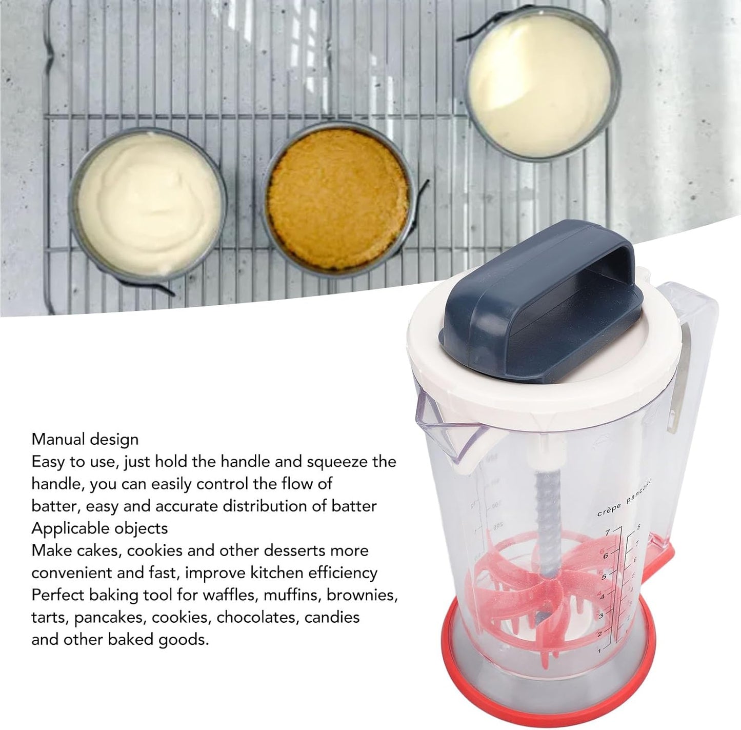 Pancake Batter Dispenser, 900ml Multifunction Manual Batter Separator with Squeeze Handle Mixing Function and Measuring Scale Baking Tool for Pancakes, Waffles, Muffins, Crepes & Cupcakes