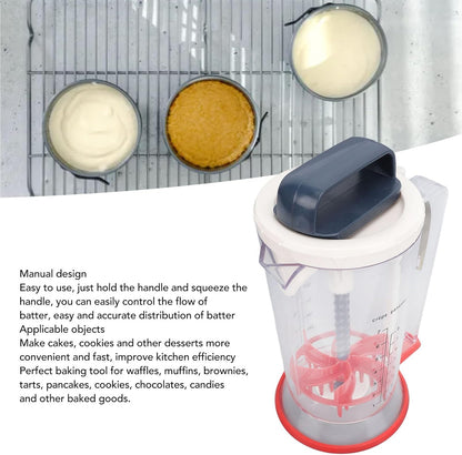 Pancake Batter Dispenser, 900ml Multifunction Manual Batter Separator with Squeeze Handle Mixing Function and Measuring Scale Baking Tool for Pancakes, Waffles, Muffins, Crepes & Cupcakes