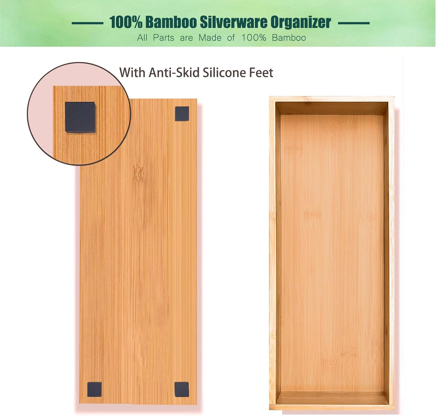 guiogc Bamboo Drawer Silverware Organizer, Silverware Tray, Flatware Organizer, Bamboo Storage Box Suitable for Office, Bathroom and other objects storage (14.2"x5"x2"-Set of 2)
