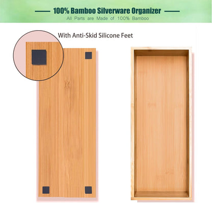 guiogc Bamboo Drawer Silverware Organizer, Silverware Tray, Flatware Organizer, Bamboo Storage Box Suitable for Office, Bathroom and other objects storage (14.2"x5"x2"-Set of 2)
