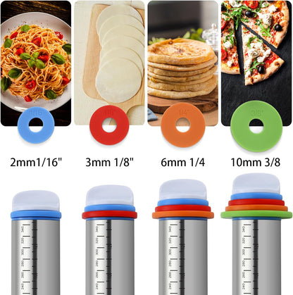 Unokit Rolling pin 3-Piece Set, 17.5" Rolling Pin with Adjustable Thickness Rings, Wooden Dough Roller, Rolling Pins for Baking Pizza, Pasta, Bread - Baking Essentials