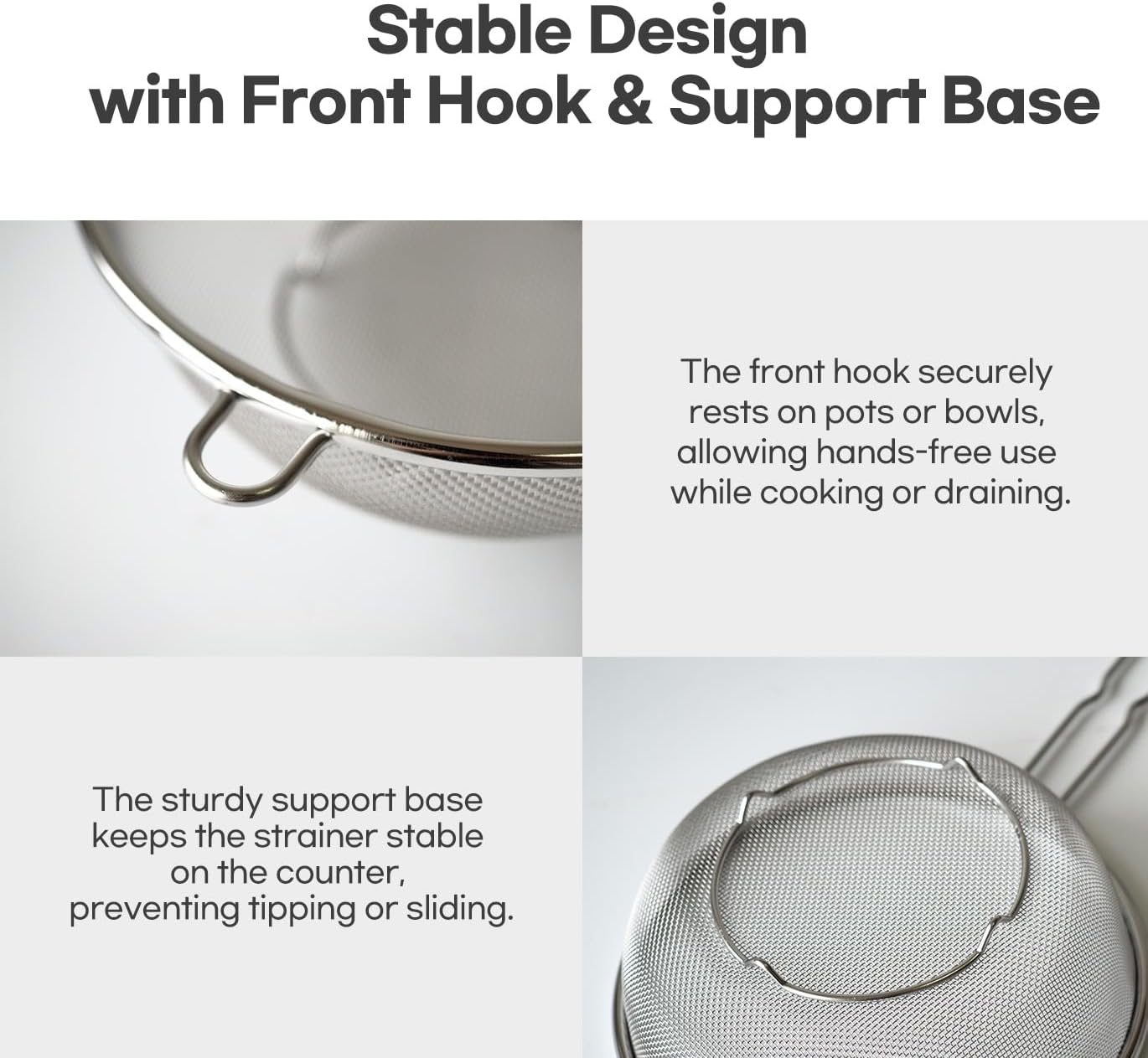 8″ Stainless Steel Fine Mesh Strainer with Feet – Standing Colander with Handle for Strain, Sift, Drain & Rinse Vegetables, Fruits & Pasta