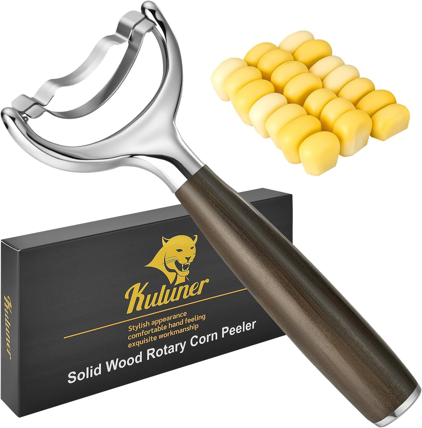 KULUNER Durable Stainless Steel Corn Peeler with Polished Wood Handle Corn on the Cob Stripper Kernel Remover Easy Use Corn Kernel Cutter Kitchen Gadget（Rosewood）