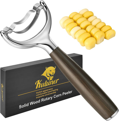 KULUNER Durable Stainless Steel Corn Peeler with Polished Wood Handle Corn on the Cob Stripper Kernel Remover Easy Use Corn Kernel Cutter Kitchen Gadget（Rosewood）