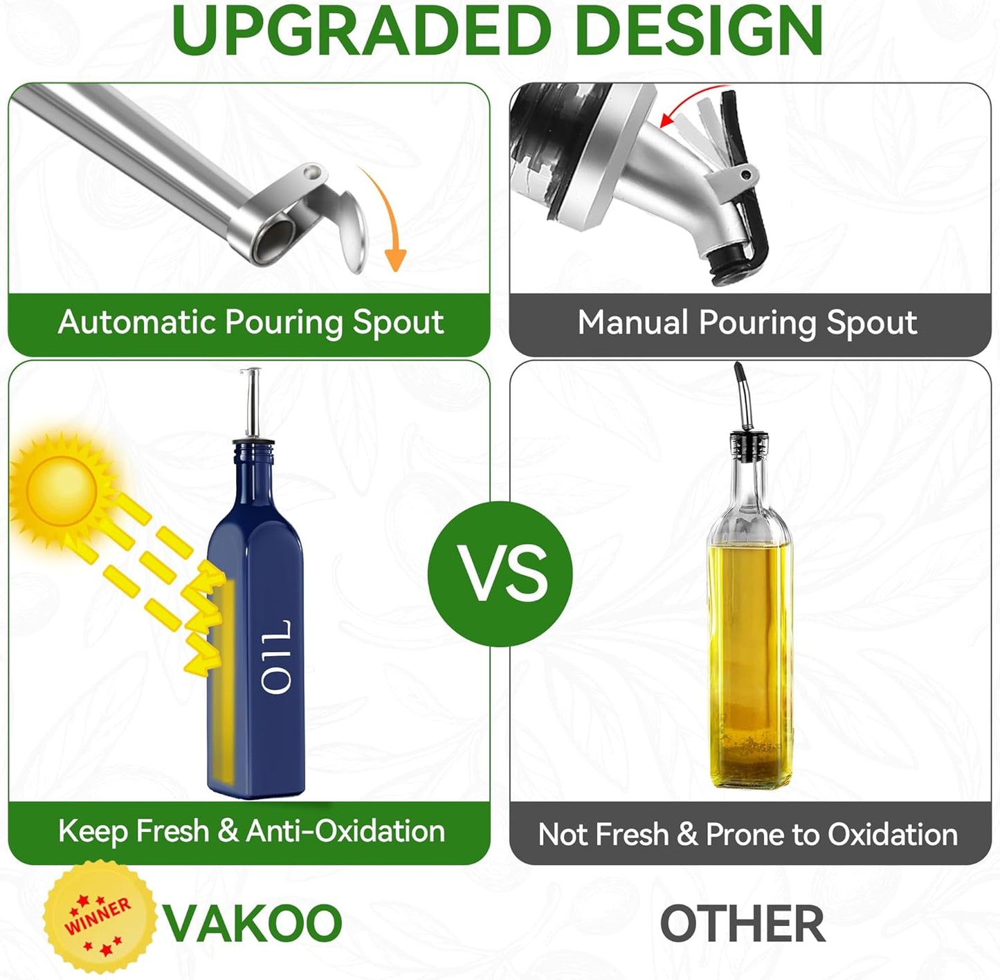 Vakoo Oil and Vinegar Dispenser Set - 17oz/500ml, Extra Thick Glass, Leak-Proof, Olive Oil Dispenser Bottle for Kitchen (White Black)