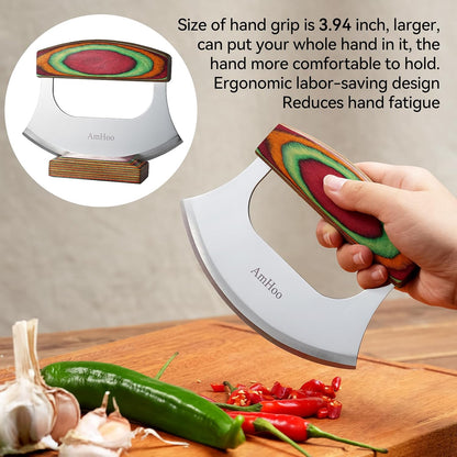 Amhoo Pizza Cutter Chef Mezzaluna Ulu Knife Handle Color Wood Grip Sharp Rocker Slicer Stainless Steel Blade Salad Onion Vegetable Chopper with Holder Base Christmas Gifts