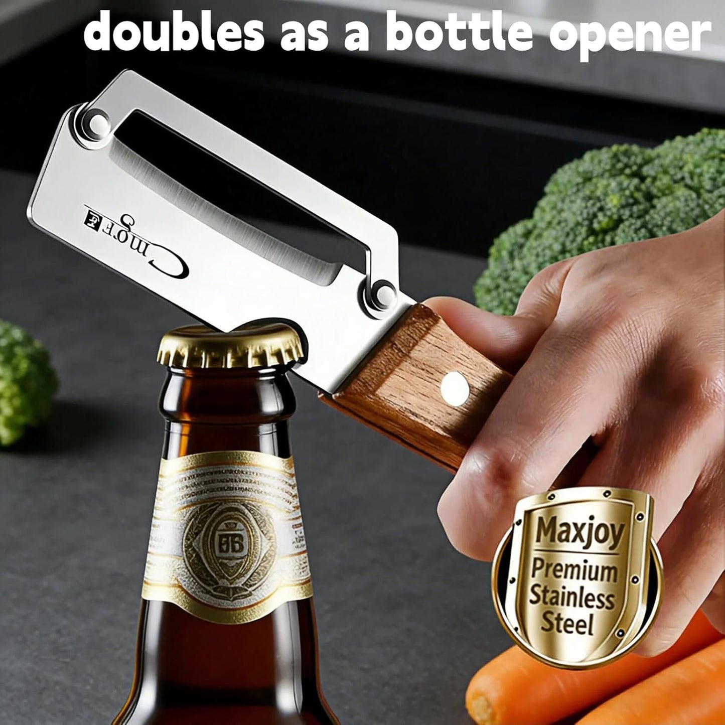 Maxjoy Multifunctional Vegetable Peeler, Zero Flex & Zero Snag, Stainless Steel with Wooden Handle, 2 in 1 Peeler with Bottle Opener for Potato Apple Carrot Fruit