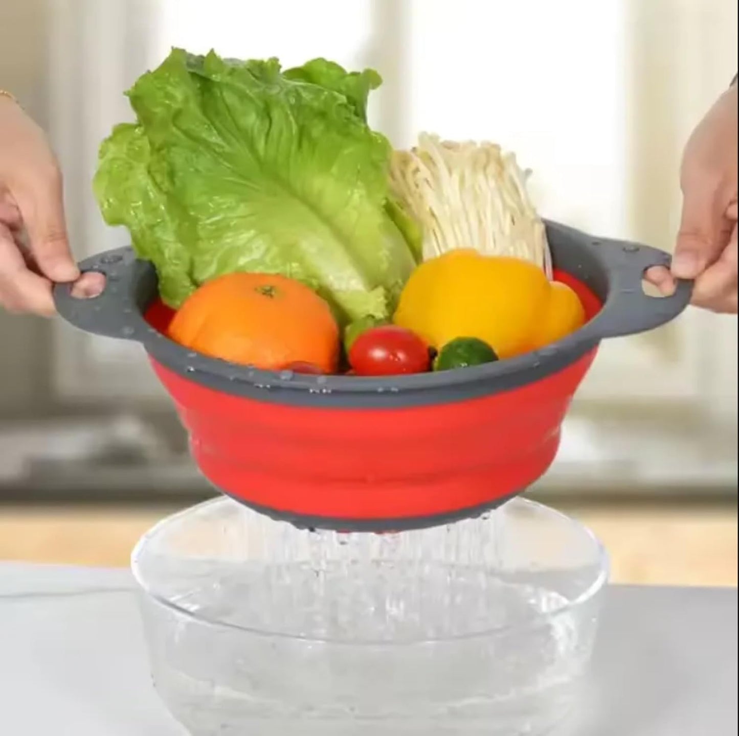 Collapsible Colander Set of 4-2 Red + 2 Blue Silicone Foldable Strainers, BPA-Free, Space Saving Kitchen Sieve with Handles - 2 Sizes (Large & Medium)