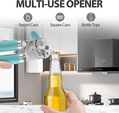 Safring Can Opener Manual, Heavy Duty Handheld Strong Can Opener with Soft Touch Handle, Sharp Blade Smooth Edge, Can Openers with Multifunctional Bottle Opener, Black