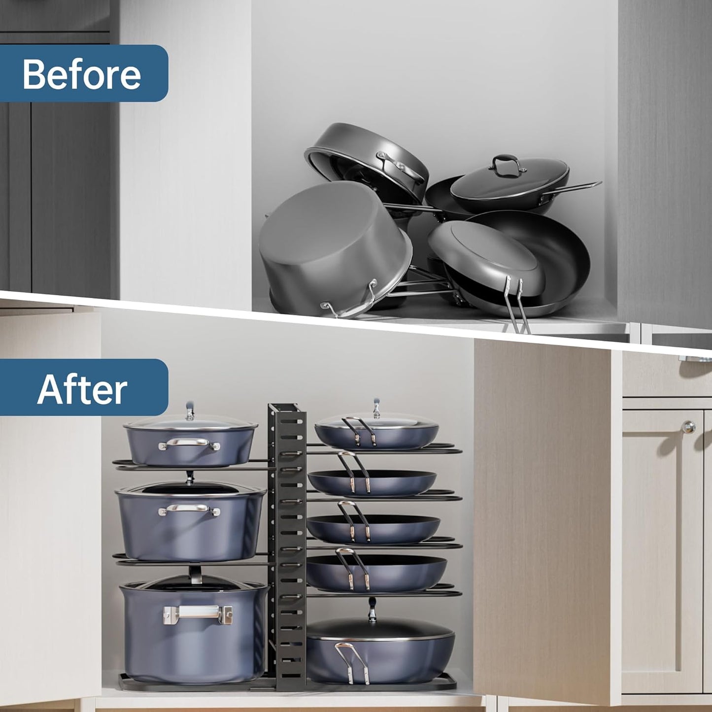 ORDORA Pots and Pans Organizer for Cabinet 16.61 Height, 8 Tier Pot Organizers Rack with 3 DIY Methods, Adjustable Pan Organizer under Cabinet Kitchen Organization and Storage