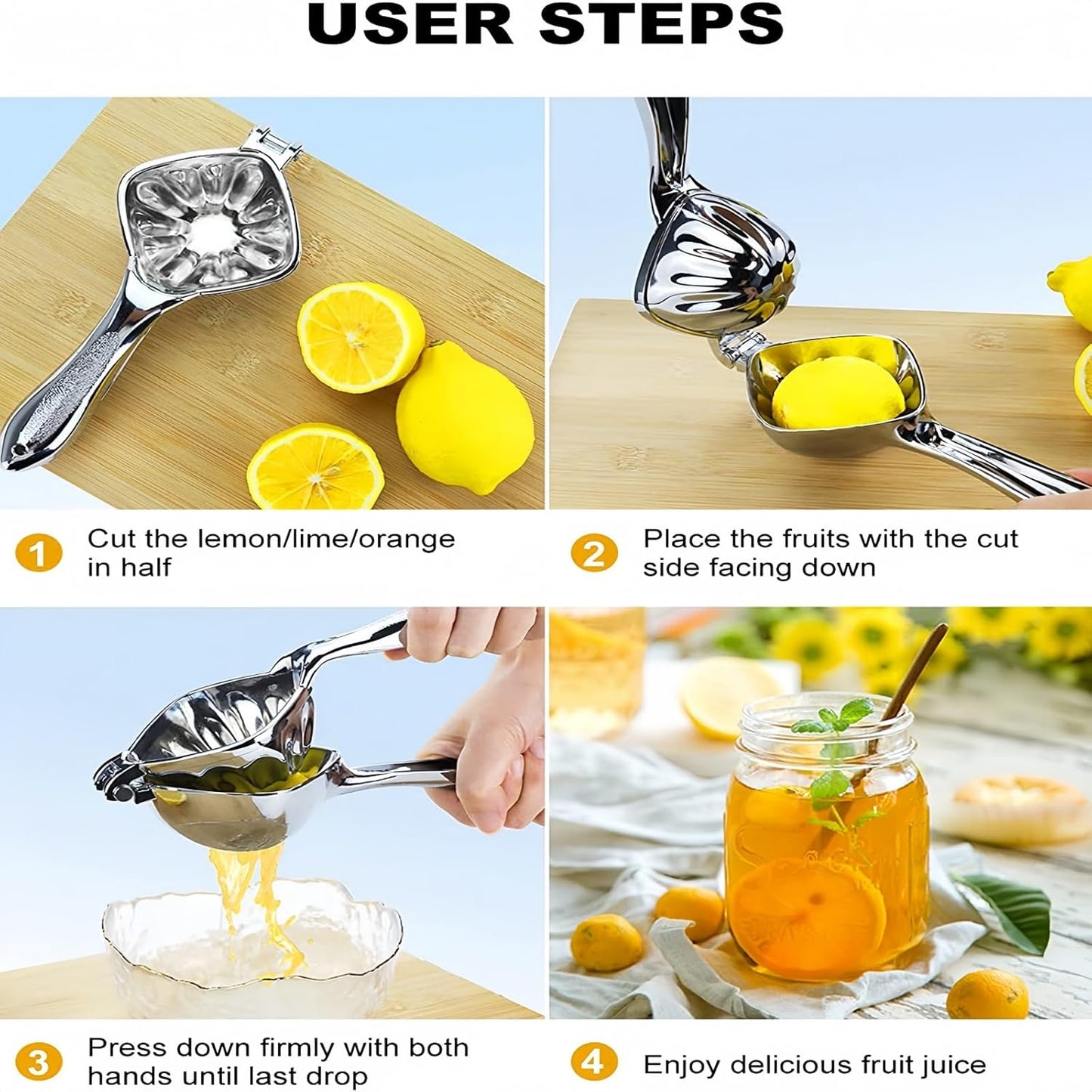 WUJIE Heavy Duty Manual Citrus Juicer, Stainless Steel Hand Press Lemon Lime Squeezer with Large Capacity and Filter, Easy Squeeze Professional Fruit Press