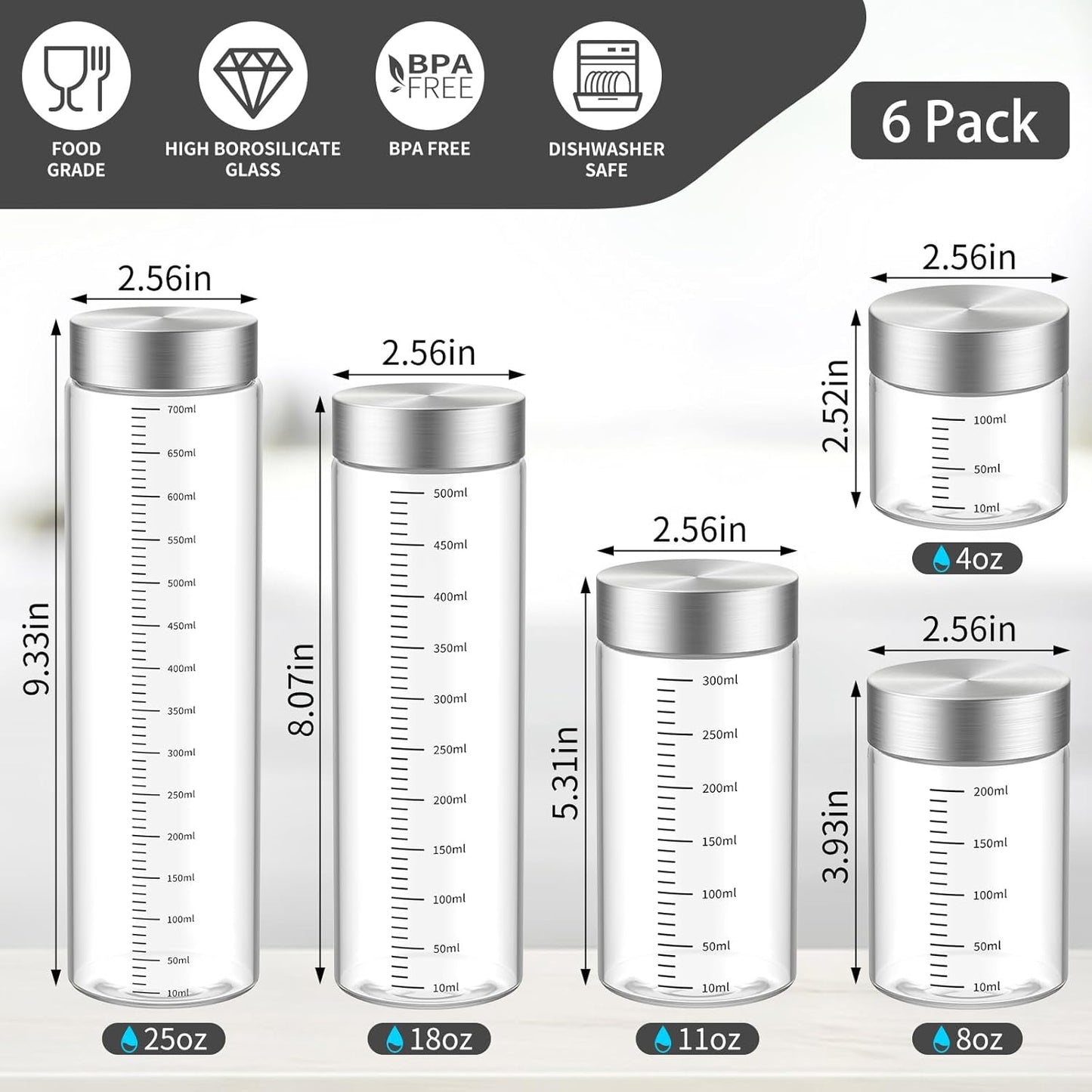 CWHHRN 4 Oz Glass Bottles, 2 Pack Glass Jar with Lid, Borosilicate Glass, Stainless Steel Lids for Juicing, Smoothies, Water Bottles, Food Storage, Shaker Bottles