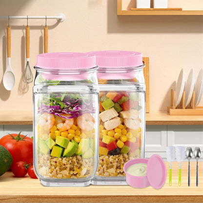 FNHMSL Side-Opening Mason Salad Jar, Portable (35 oZ) 1000ml Salad Container with Leakproof Dressing Cup, Includes Spoon and Cleaning Brush, Perfect for Meal Prep, Gym, Office, Picnic and Travel