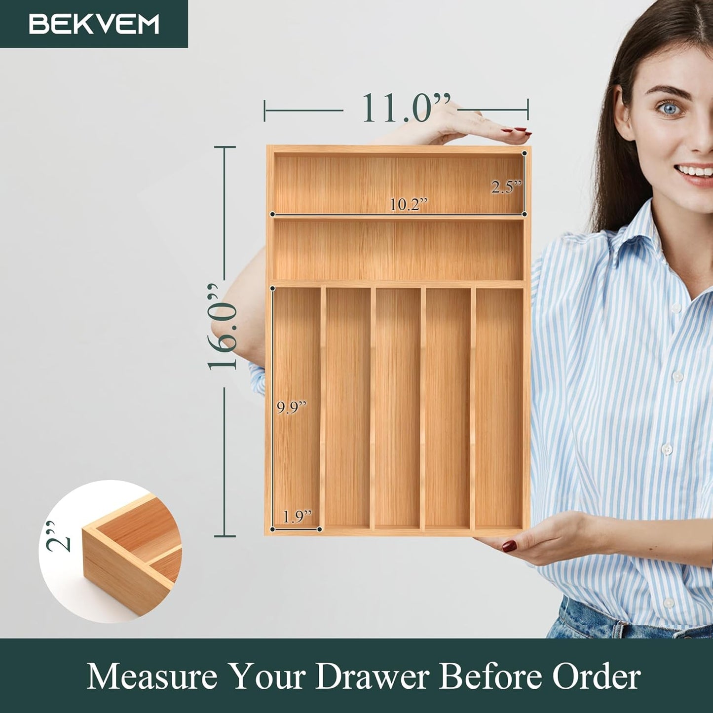 Bamboo Silverware Organizer, Kitchen Drawer Organizer, Utensil Holder, Cutlery Tray & Spoon Flatware Storage with Grooved Drawer Dividers (9.5''W x 13.5''D)