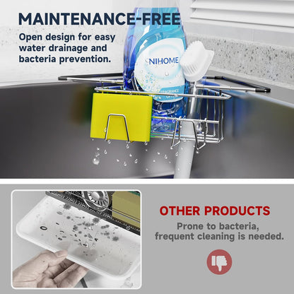 NiHome Extendable Arm Stainless Steel Kitchen Sink Corner Caddy, Easy Install Space-Saving Adjustable Sponge Holder for Most Square Standard Sinks, Non-Slip Rust-Resistant for Brushes, Soap, Sponges