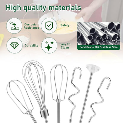 Hand Mixer Attachments Beater, Dough Hooks and Whisk, Blending Rod, Stainless Steel Hand Mixer Accessories Compatible with Kitchenaid Hand Mixers KHM3 KHM5 KHM7 KHM9, 6-piece set