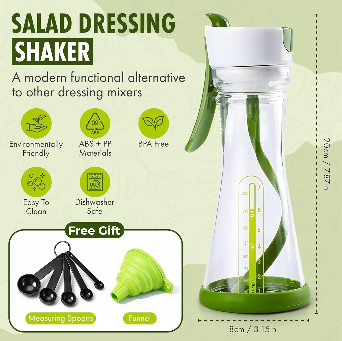Salad Dressing Shaker Bottle with Spiral Mixer – Manual Salad Dressing Mixer, Leak Proof Oil and Vinegar Dressing Container with Measurements – Reusable BPA Free Salad Dressing Maker