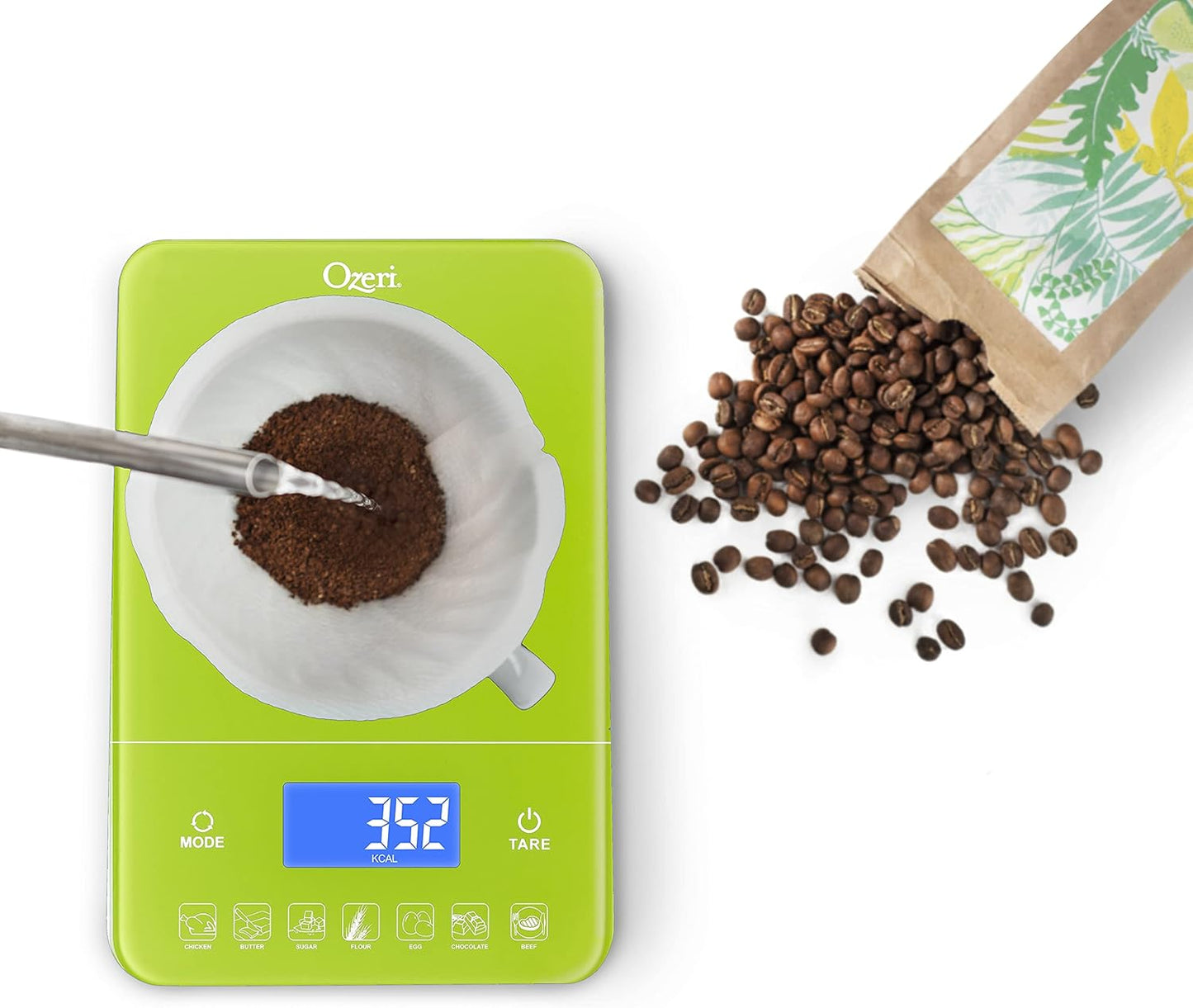 Ozeri Touch III Digital Kitchen Scale with Calorie Counter, 22 lbs (10 kg), Calla Green
