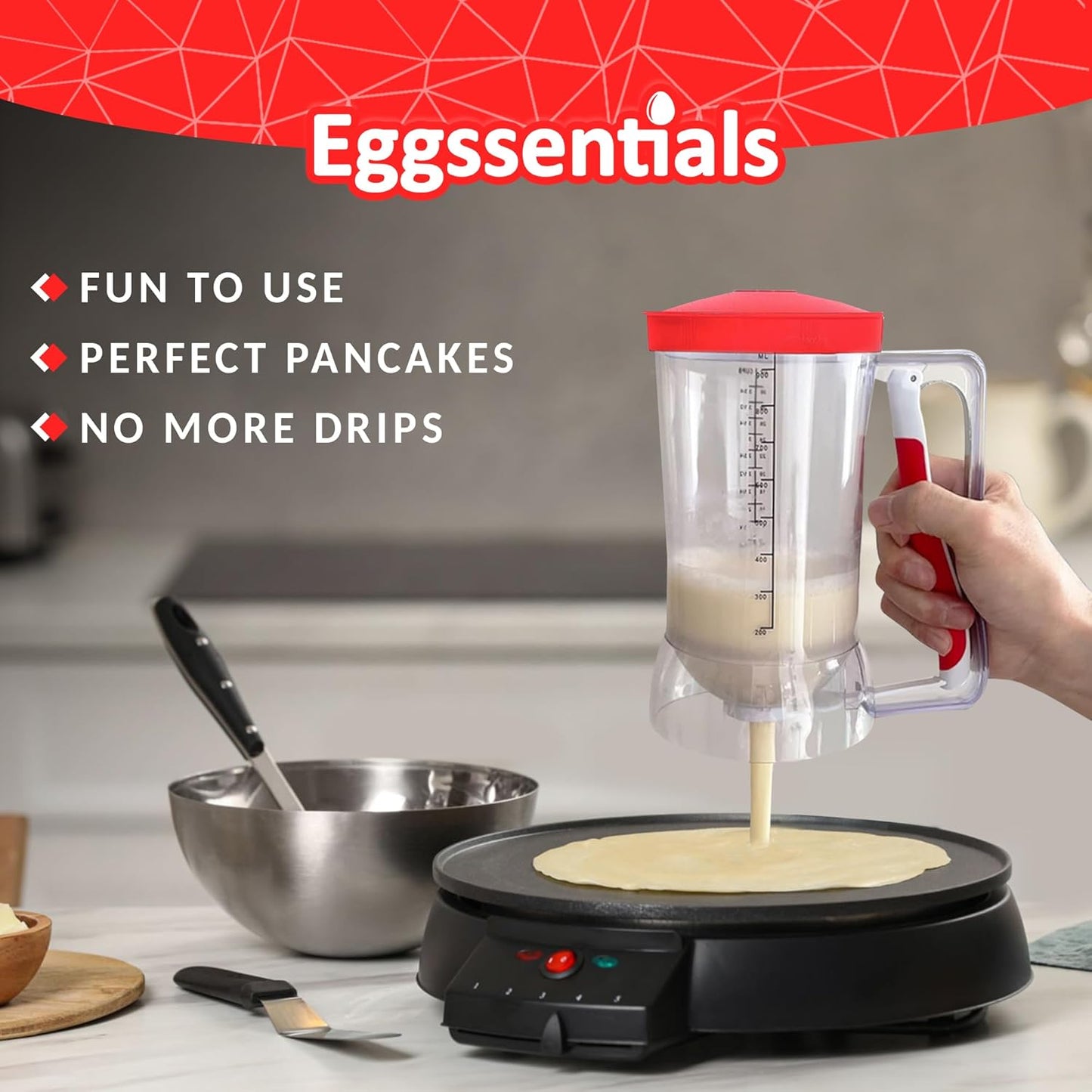 Eggssentials – Pancake Batter Dispenser, Batter dispenser with Squeeze Handle Mess-Free, Cupcakes, Waffles & More – Durable, Easy-Pour Pancake Dispenser Bottle for Smooth Baking