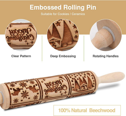 Floral Vine Embossed Rolling Pins for Cookies, Wooden Engraved Rolling Pins for Baking, Embossing Rolling Pins with Designs, Patterned Rolling Pin Decorative Springerle Mold Stamp Clay Pattern Roller