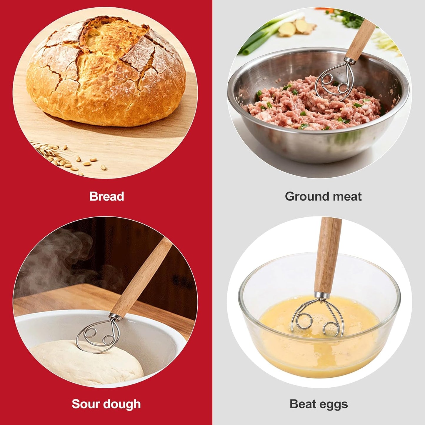 Danish Dough Whisk with Wooden Handle Stainless Steel Bread Mixer Hook Essential Tool for Sourdough Artisan Baking Kitchen Mixing
