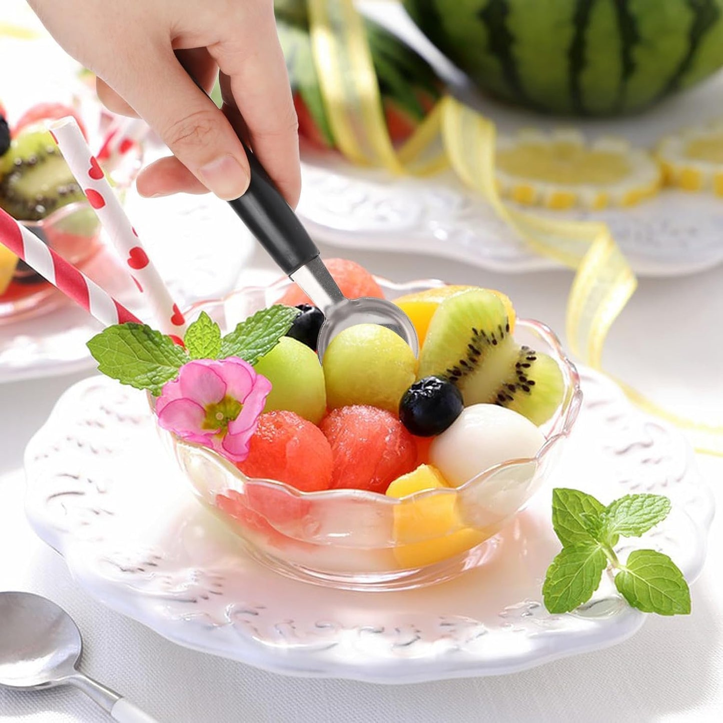 2Pcs Melon Baller Scoop, Stainless Steel Double Ended Headed Fruit Ice Cream Ball Spoon, DIY Fruit Platter Ball Tool Scooper for Watermelon/Ice Cream/Fruits/Sorbet/Meatball, Fruit and Vegetable Tools