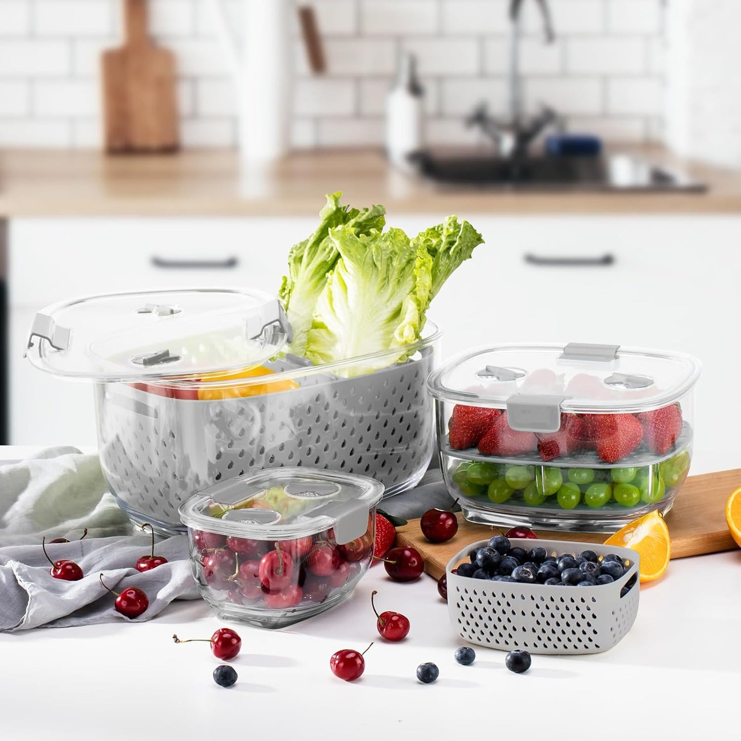 LUXEAR Fresh Produce Vegetable Fruit Storage Containers 3Piece Set, BPA-free Fridge Storage Container, Partitioned Salad Container, Fridge Organizers, Used in Storing Fruits Vegetables, Green