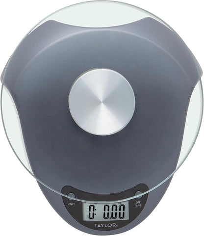Taylor Digital Kitchen Scale with Glass Platform, Tare Button, and Plastic Body Weighs up to 11 Pounds Capacity, White