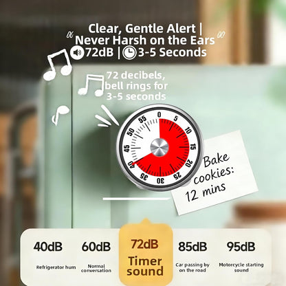 Kitchen Magnetic Visual Cooking Mechanical Timer with Loud Alarm, No Batteries Required, Stainless Steel, Countdown 60 Minute Wind Up Timer for Study, Chef, Teacher, Office (White)