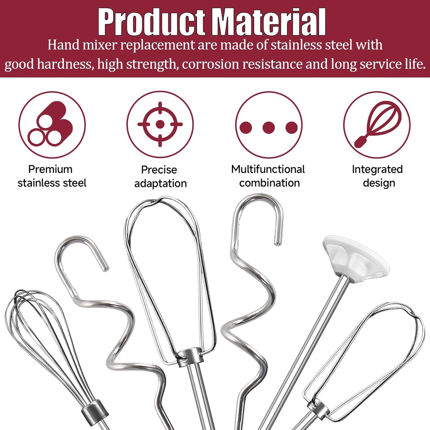 Hand Mixer Beater Attachments for Kitchenaid, Whisk, Dough Hooks, and Liquid Blending Rod, Stainless Steel Accessories fits Hand Mixers KHM3/5/7/9, KHM926/512, Set of 6