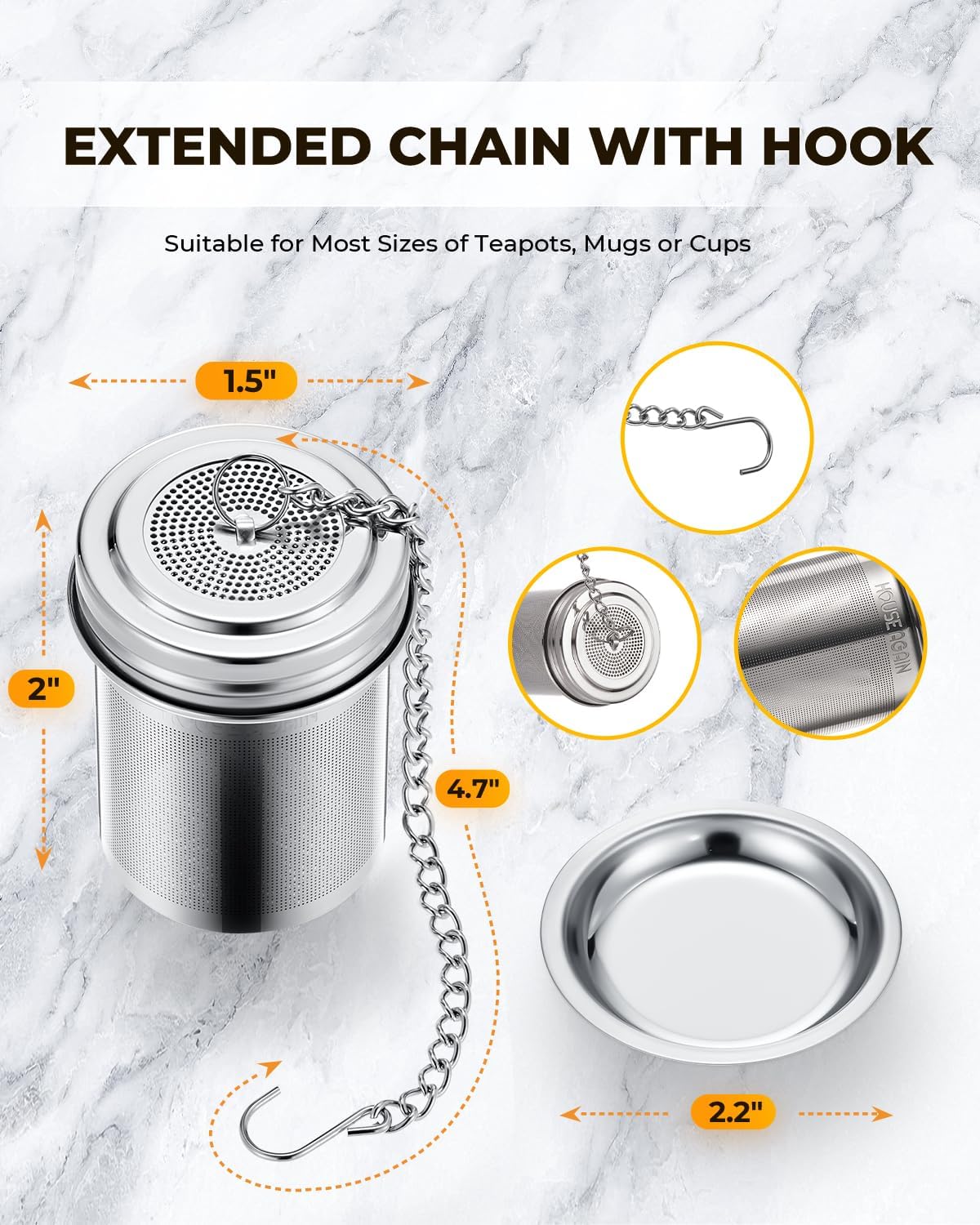House Again Large Tea Infuser, Extra Fine Mesh Tea Strainers for Loose Tea, 18/8 Stainless Steel Tea Strainer with Extended Chain Hook, Tea Steeper for Brew Tea, Spices & Seasonings, for Multi Cups