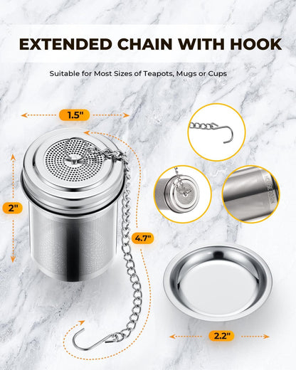 House Again Large Tea Infuser, Extra Fine Mesh Tea Strainers for Loose Tea, 18/8 Stainless Steel Tea Strainer with Extended Chain Hook, Tea Steeper for Brew Tea, Spices & Seasonings, for Multi Cups