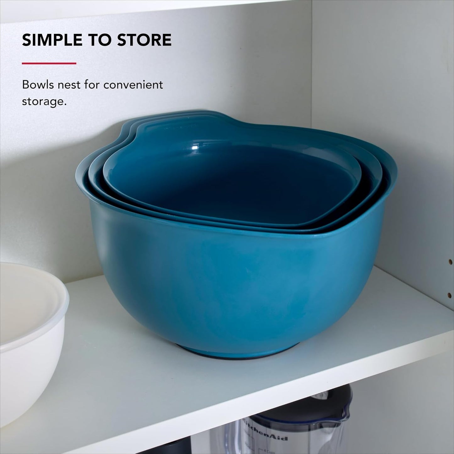 KitchenAid Universal Nesting Plastic Mixing Bowls, Set Of 3, 2.5 quart, 3.5 quart, 4.5 quart, Non Slip Base with Easy Pour Spout to Reduce Mess, Dishwasher Safe, Aqua Sky, White, Gray
