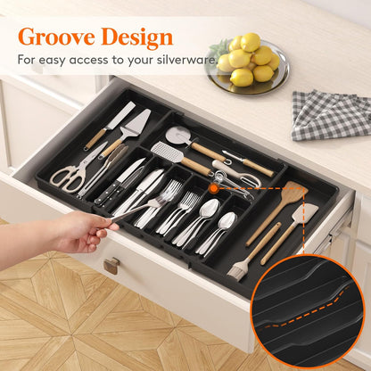 Lifewit Silverware Drawer Organizer, Expandable Utensil Tray for Kitchen, BPA Free Flatware and Cutlery Holder, Adjustable Plastic Storage for Spoons Forks Knives, 11-18 x 14", Black