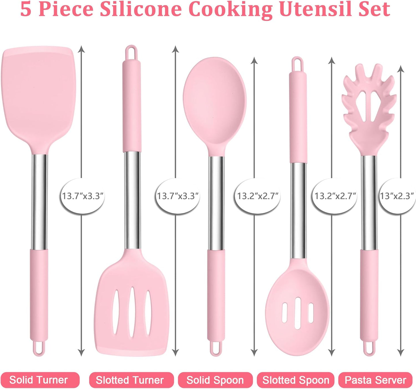 TeamFar Cooking Utensils Set, 5 PCS Silicone Kitchen Utensils with Stainless Steel Handle, for Nonstick Cookware Flipping Frying Turning Draining, Heatproof & Healthy, Nonstick & Easy Clean, Black