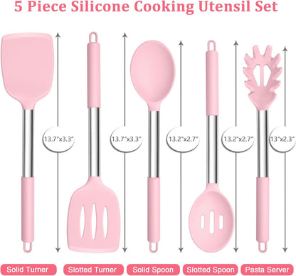 TeamFar Cooking Utensils Set, 5 PCS Silicone Kitchen Utensils with Stainless Steel Handle, for Nonstick Cookware Flipping Frying Turning Draining, Heatproof & Healthy, Nonstick & Easy Clean, Black